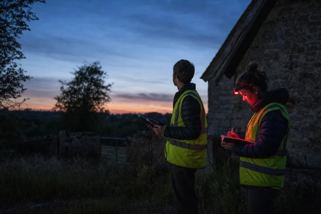 An ecologist carrying out a bat survey at dusk