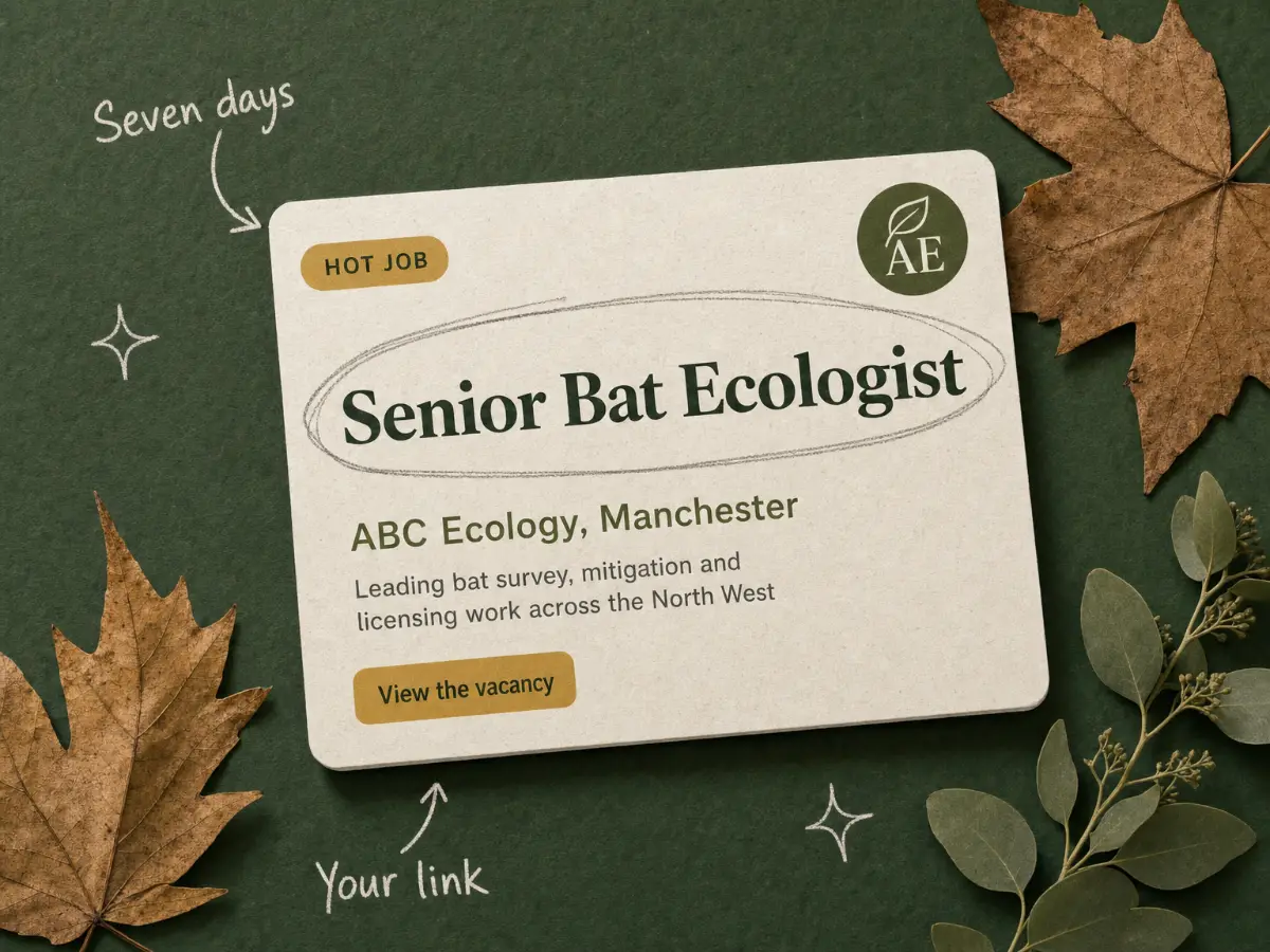 A Hot Job card for a Senior Bat Ecologist role at ABC Ecology in Manchester, with handwritten notes pointing to the seven day label and to the link that goes to the employer&rsquo;s own vacancy page