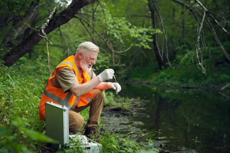 An ecologist examining a water sample from a forest stream