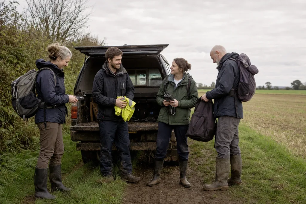 A field team gathered at the back of a van with survey kit