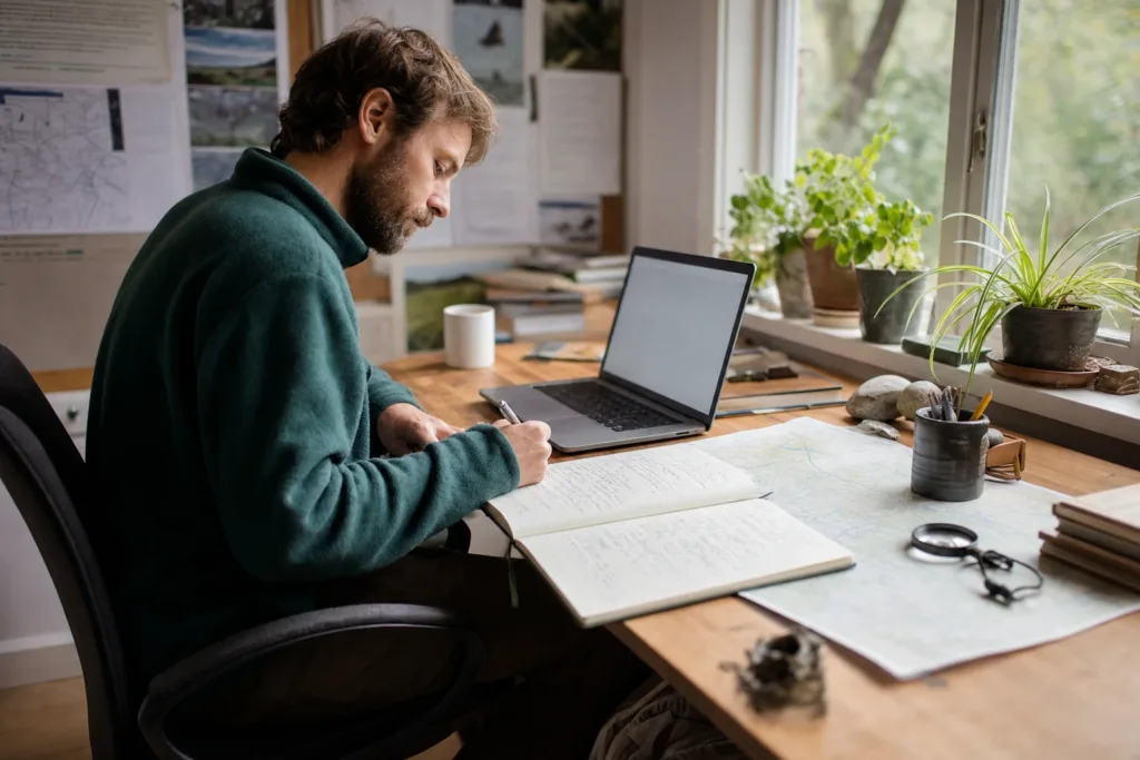 An ecologist writing a report at a desk with field notebooks