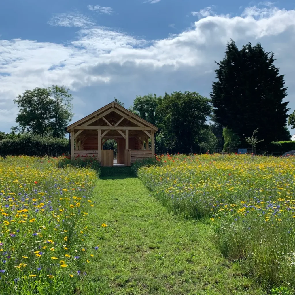 Timber shelter in the wildflower meadow at Monument Meadow